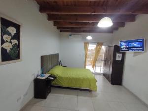 1 dormitorio con 1 cama verde y TV de pantalla plana en Departamento Monoambiente Rivadavia en San Juan