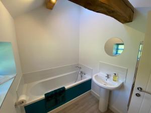 une salle de bains avec lavabo et baignoire dans l'établissement Caer Fedwen Barns Dyffryn Cottage King bed self catering with Hot Tub, à Denbigh
