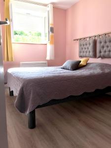 - une chambre avec un lit aux murs roses et une fenêtre dans l'établissement Maison de 3 chambres avec jardin clos et wifi a Chavot Courcourt, à Chavot-Courcourt