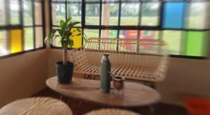 a table with a plant and a bottle on it at Campo dei Miracoli in Villa Lía