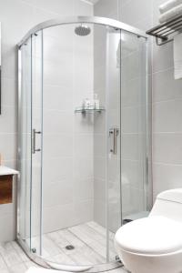 a shower with a glass door next to a toilet at REEC Latacunga by Oro Verde Hotels in Latacunga