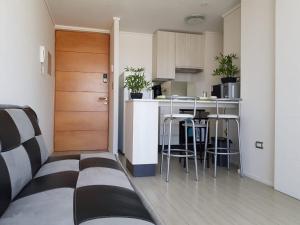 sala de estar con sofá y cocina en Radal 3 - Metro y Parking Estación Central en Santiago