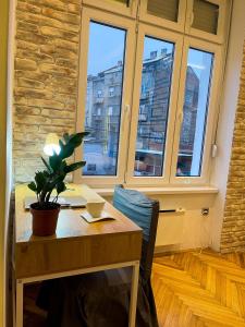 a room with a table with a plant and a window at The Bohemian Residence in Belgrade +15 photos