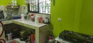a green kitchen with a counter and a stove at Casa a sólo 5 minutos de Paso Canoas in La Cuesta