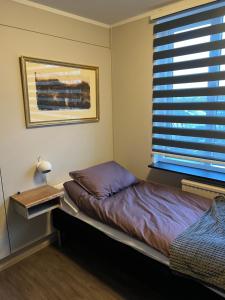 um quarto com uma cama e uma janela em Cosy Harbour Apartment em Reiquiavique