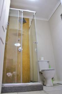 a shower in a bathroom with a toilet at Maruleng Guest House in Hoedspruit