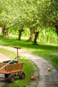 a wagon on a path with balls on the grass at Landhäuschen Anderswo in Bocholt