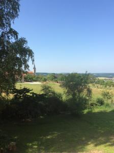 un campo verde con árboles y una torre a lo lejos en L'Arbre à Cabane, en Guyonvelle
