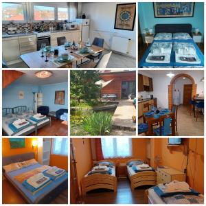 a collage of four pictures of a room with beds at Éva Apartmanház in Eger