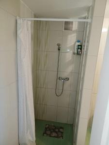 a shower with a shower curtain in a bathroom at Éva Apartmanház in Eger