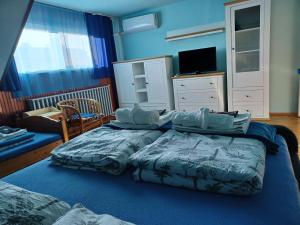 a bedroom with two beds and a tv in it at Éva Apartmanház in Eger