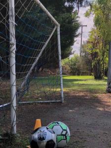 two soccer balls sitting in front of a goal at Blue Garden Inn in Fourka