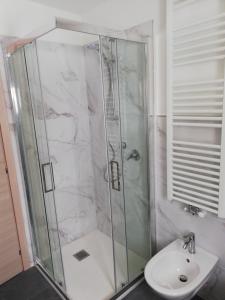 La salle de bains est pourvue d'une douche et d'un lavabo. dans l'établissement Appartamenti Bozzetta Marisa, à Cavalese