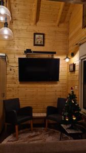 ein Wohnzimmer mit einem TV und einem Weihnachtsbaum in der Unterkunft Vida Bhermon 1, one wood Cabin in Madschdal Schams