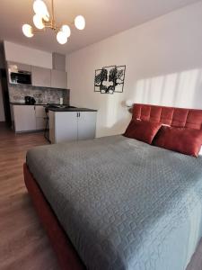 1 dormitorio con 1 cama grande y cocina en Studijos tipo butas netoli jūros - Vanagupės g, en Palanga