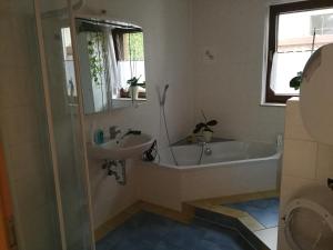 bagno con vasca e lavandino di Ferienhaus Triebesgrund a Zeulenroda