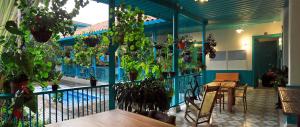 d'un balcon avec une table, des chaises et des plantes en pot. dans l'établissement Casa de las Dos Palmas, à Salento