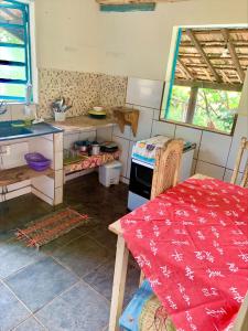 Una cocina con encimera, mesa y estufa. en Pousada Shangrilá São Thomé, en São Thomé das Letras