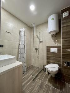 a bathroom with a shower and a toilet and a sink at Milmari N69 in Kopaonik