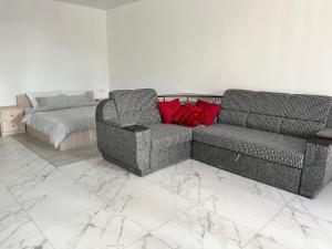 a living room with a couch and a bed at New Marine Apartment in Yuzhne