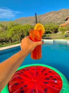 a person holding up a drink in front of a pool at Cabañas San Miguel in Cortaderas