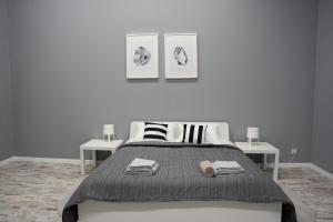 ein Schlafzimmer mit einem Bett mit drei Bildern an der Wand in der Unterkunft Soho Apartments Lviv in Lwiw