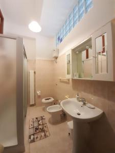 ein Badezimmer mit einem Waschbecken, einem WC und einem Spiegel in der Unterkunft Radici Blu intero alloggio in Siderno Marina