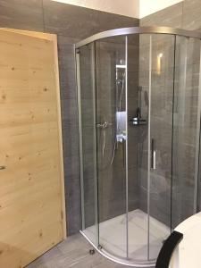 a shower with a glass enclosure in a bathroom at Chalet Julian in Lütschental