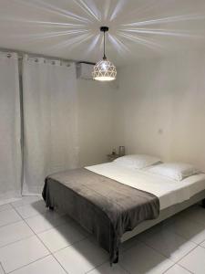 una camera da letto con un letto grande con un lampadario di L'Appart a Les Abymes