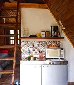 a small kitchen with a microwave and a sink at Chalés do Palácio in Campos do Jordão