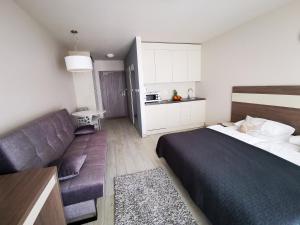 ein Schlafzimmer mit einem großen Bett und einem Sofa in der Unterkunft Apartament Czarna Góra TIGNES 4 Sienna in Heudorf