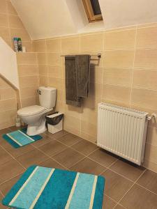 a bathroom with a toilet and a radiator and towels at Puzzle House and Nature in Talea
