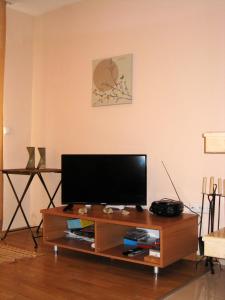 a living room with a flat screen tv on a table at Solar nest with fireplace and panoramic view 700m from skilift and centrum in Bansko