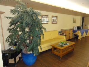 a living room with a couch and a palm tree at Welcome Hotel Täsch by Täscherhof in Täsch