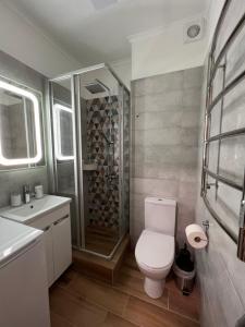 een badkamer met een toilet, een douche en een wastafel bij Твоє Сколе in Skole
