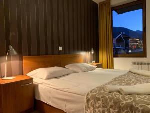 een slaapkamer met een groot bed en een raam bij Room in Guest room - Apartment StayInn Granat in Bansko - next to Gondola Lift, perfect for 3 guests in Bansko