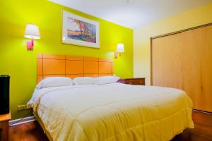 1 dormitorio con 1 cama blanca grande y paredes verdes en Hotel O Markham IL near Harvey/Tinley Park, en Markham