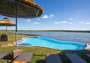 a swimming pool next to a body of water at Little Mongena Tented Camp in Klipdrift