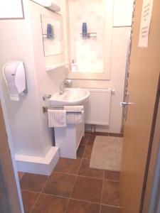 een badkamer met een wastafel, een toilet en een spiegel bij Haus Grünberg in Finkenberg