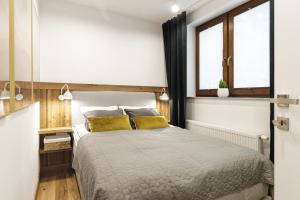 ein Schlafzimmer mit einem großen Bett und zwei Fenstern in der Unterkunft Bogdańskiego Residence in Zakopane