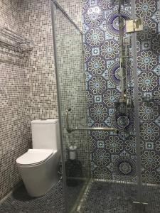 La salle de bains est pourvue de toilettes et d'une cabine de douche. dans l'établissement Khan Orda Hotel, à Tachkent