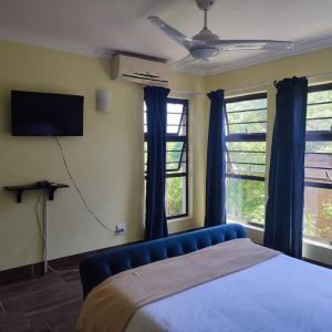 a bedroom with a bed with blue curtains and a tv at African Sunset Villa in Chintsa