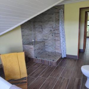 a large bathroom with a shower and a toilet at African Sunset Villa in Chintsa