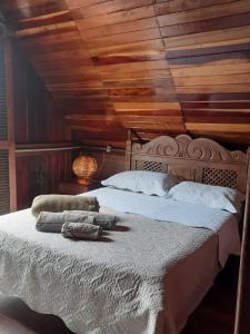 sypialnia z łóżkiem i drewnianym sufitem w obiekcie Casa/chalé Furnas - Capitólio MG w mieście São José da Barra
