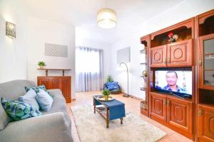 a living room with a couch and a tv at Apartamento T2 com pátio e barbecue in Algoz