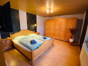 a bedroom with a bed with blue sheets and a tv at Ferienwohnung An den Erlewiesen, 3SZ, 85qm, Kamin in Schleusingen