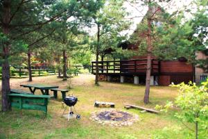 una mesa de picnic y una parrilla en un parque en Summer House Stare Jabłonki, en Stare Jabłonki