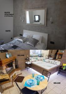 two pictures of a room with a bathtub and a table at Apartamenty Centrum z wanną dwuosobową in Piotrków Trybunalski