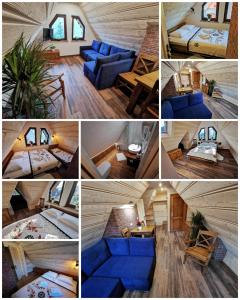 a collage of pictures of a room with blue furniture at Gazdowa Chata in Poronin