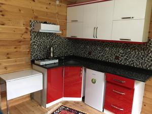 a kitchen with red and white cabinets in a room at AYDER ŞAFAK Apart in Ayder Yaylasi